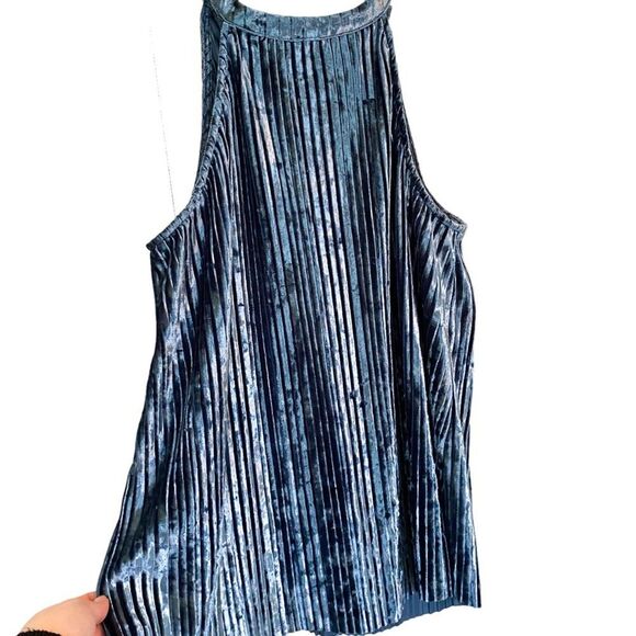 Loverich Blue Crushed Velvet Pleated High Neck Swing Tank Top Size Small Elegant - Picture 2 of 7